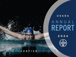 USADA 2024 Annual Report cover image with the word "Justice" over a woman swimming.