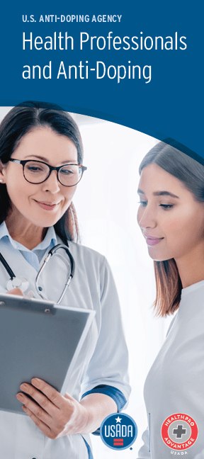 Health Professionals and Anti-Doping brochure cover image of a doctor and patient.