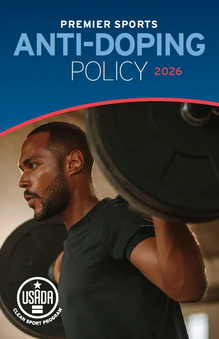 2026 Premier Sports Anti-Doping Poilcy cover image of a man lifting a barbell.