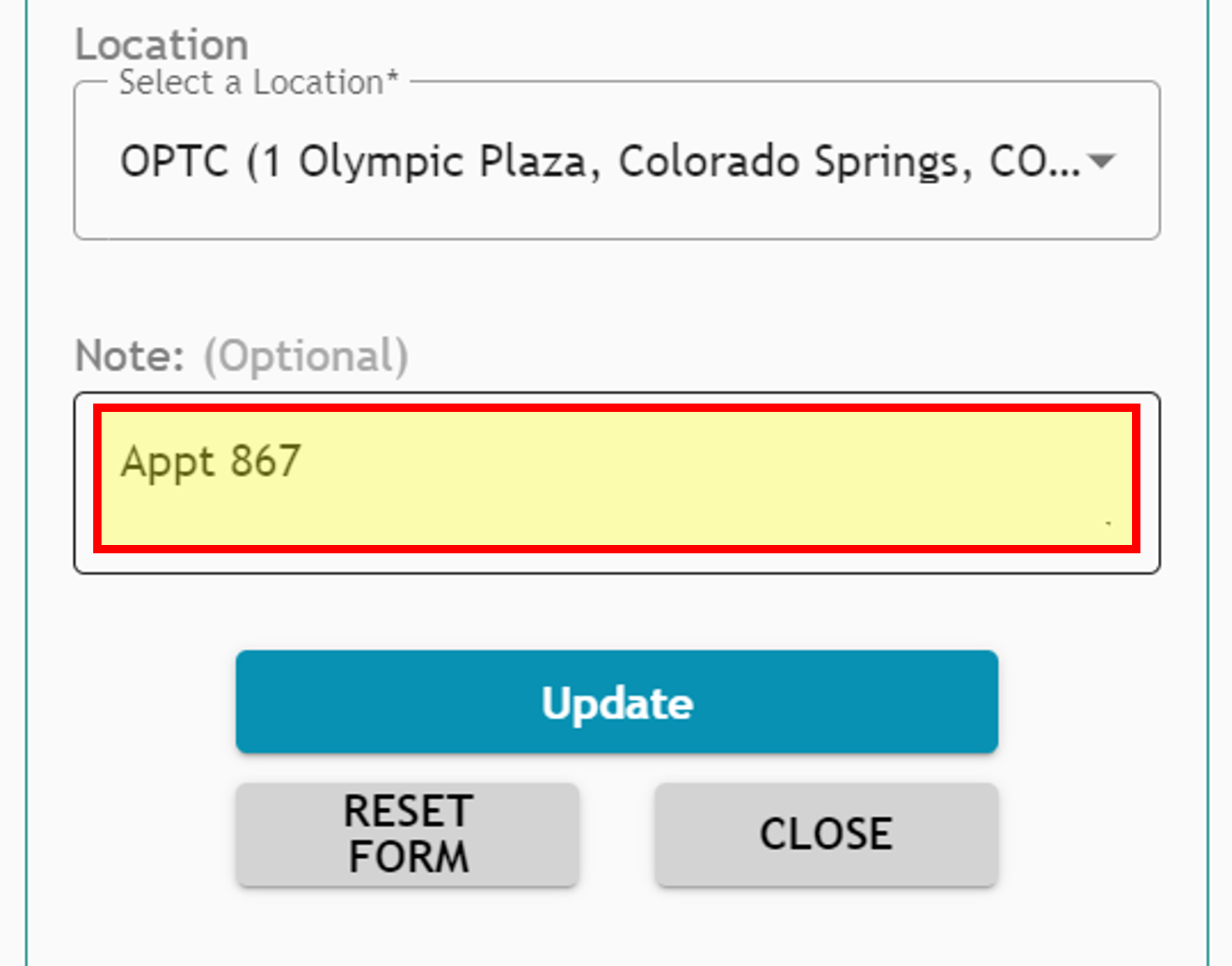 Athlete Connect location notes section highlighting apartment number screenshot.