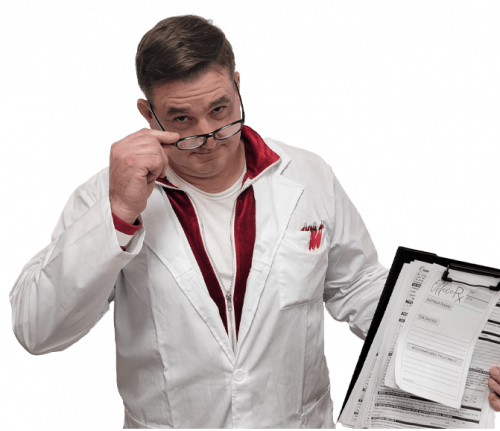 Chaos dressed up in a white lab coat and holding medical documents on a clipboard wearing glasses.