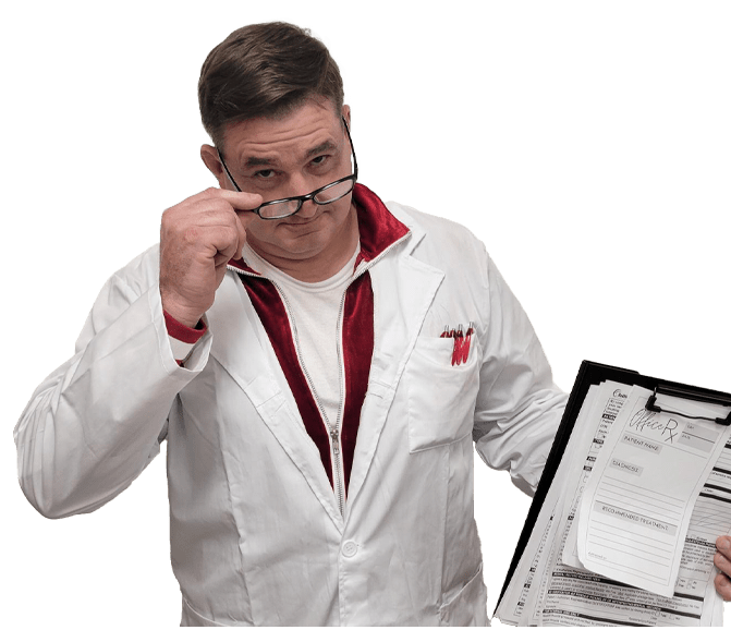 Chaos dressed up in a white lab coat and holding medical documents on a clipboard wearing glasses.