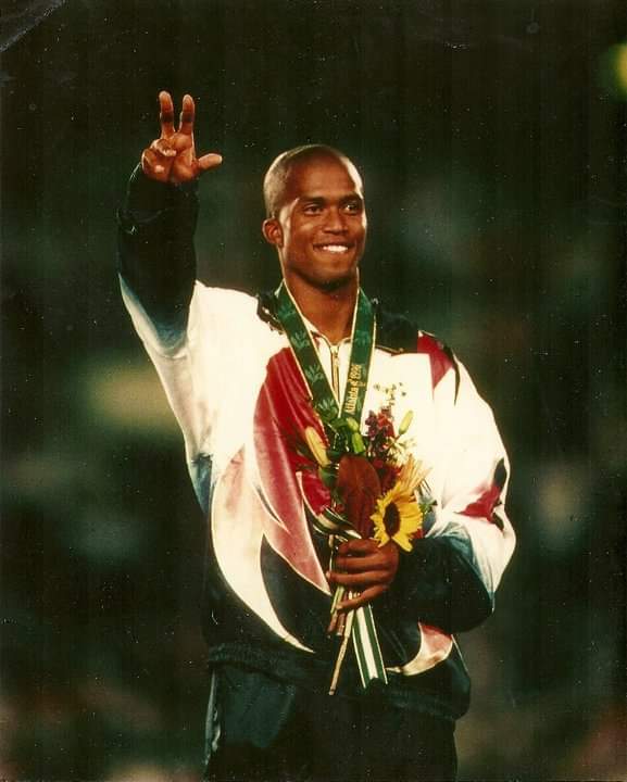 Derrick Adkins winning gold in Atlanta.