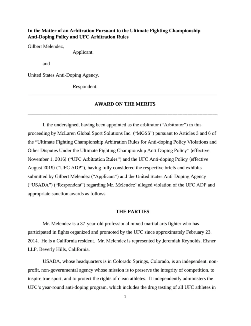 Gilbert Melendez Final Award cover.