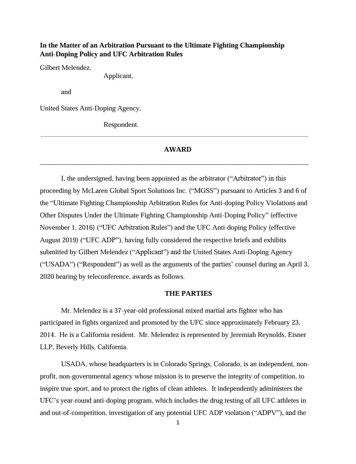 Gilbert Melendez Jurisdictional Award cover.