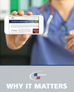 cover of brochure with doctor holding out white phone towards camera