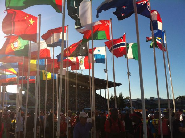 Flags from many countries in the wind.
