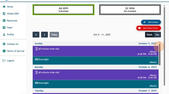 Athlete Connect home page with overnight and 60-minute time slot entries already submitted..