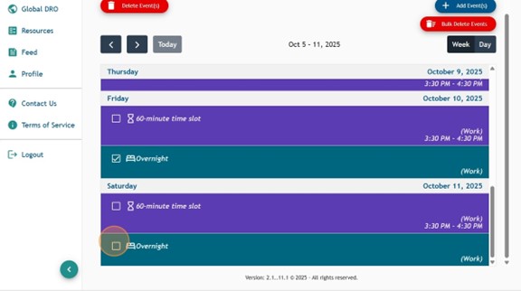 Athlete Connect home page with overnight and 60-minute time slot entries already submitted with a highlight over an Overnight entry checkbox.