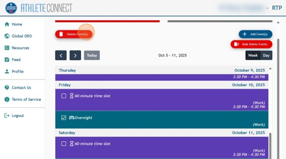 Athlete Connect calendar page with a highlight over the red "Delete Events" button.