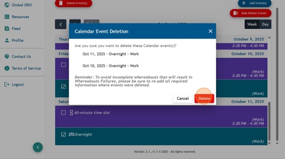 Athlete Connect "Calendar Event Deletion" pop-up.