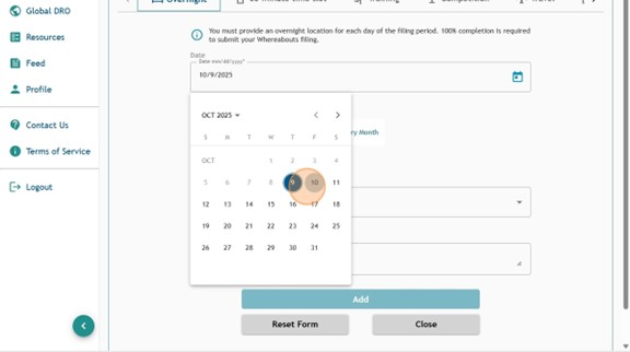 Athlete Connect overnight entry with Date field selected.