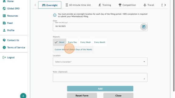 Athlete Connect overnight entry with Repeats custom interval option selected.
