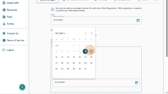 Athlete Connect overnight entry with a highlight over the Date calendar field.