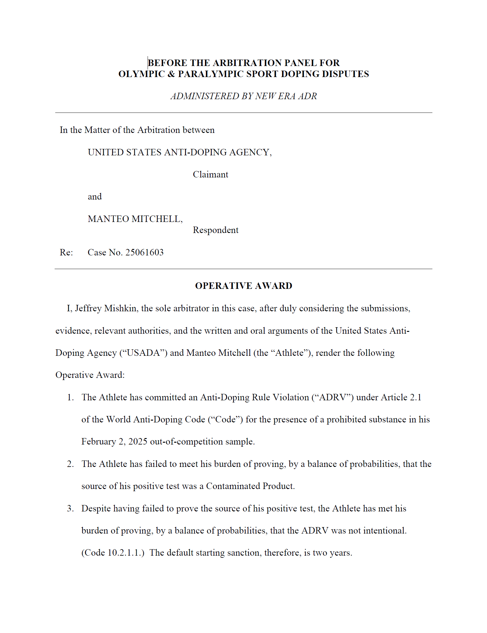 USADA v Mitchell Operative Award first page.