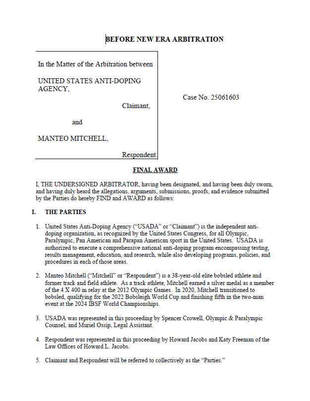 USADA vs MItchell Reasoned Decision first page image. USADA vs MItchell Reasoned Decision first page image.
