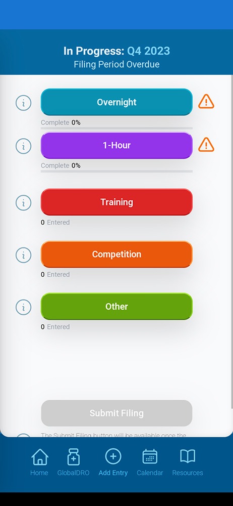 Screenshot of the Athlete Connect app where users file their quarterly Whereabouts.