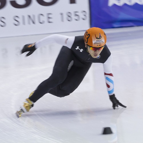 Aaron Tran during a short track speedskating competition.