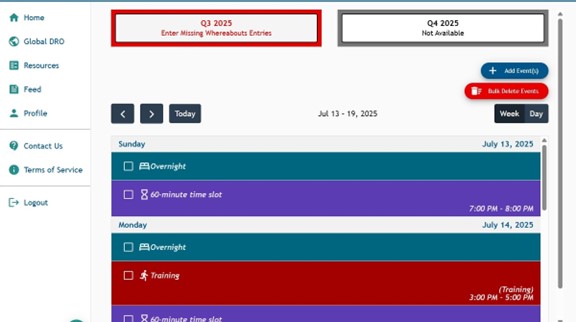 Athlete Connect home page with overnight, training, and 60-minute time slot entries already submitted..