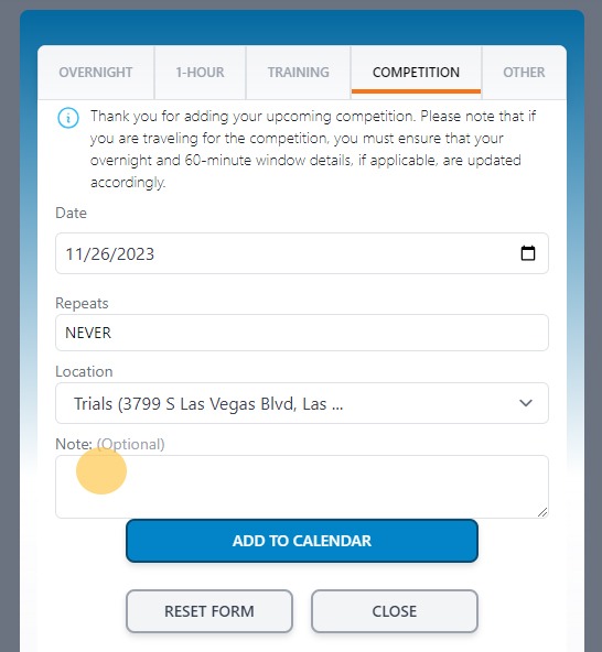 Screenshot of Athlete Connect app with highlight over Notes field.