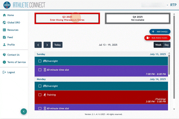 Athlete Connect home page with highlight over relevant quarter button.