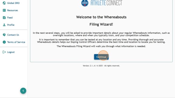 Athlete Connect Whereabouts Filing Wizard screen.