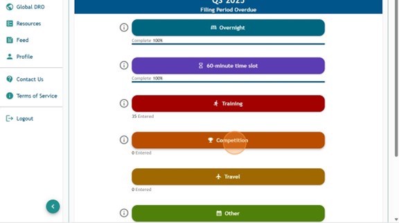 Athlete Connect list of different entry types to select, including "Competition."