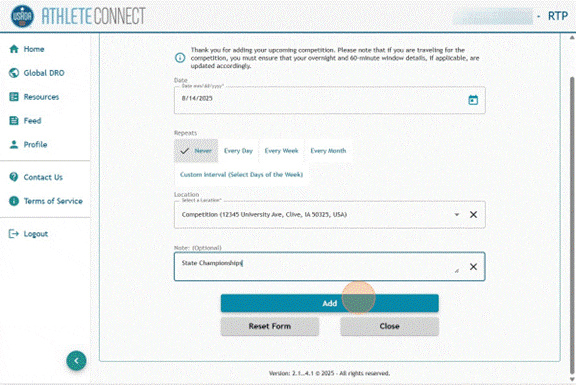 Athlete Connect competition entry with highlight over the bottom "Add" button.
