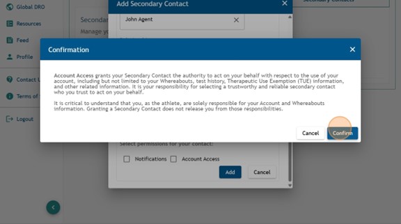 Athlete Connect Confirmation screen for adding a delegate and granting account access with a highlight over the "Confirm" button.