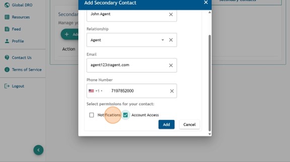 Athlete Connect "Add Secondary Contact" pop-up screen with highlight over the "Notifications" check box.