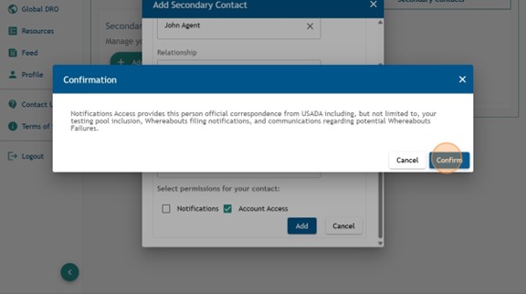 Athlete Connect Confirmation screen for adding a delegate and sending notifications with a highlight over the "Confirm" button.
