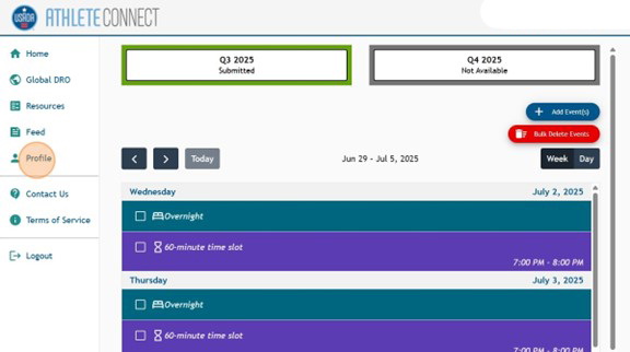 Athlete Connect home page with a highlight over the "Profile" link on the left.