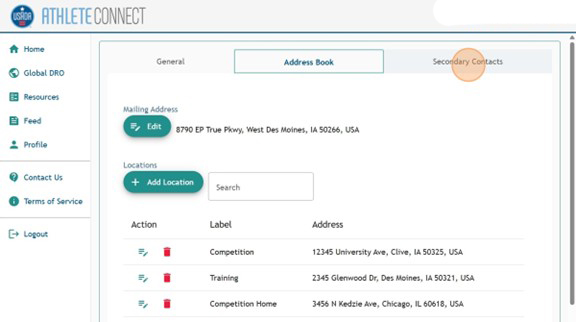 Athlete Connect profile section with a highlight over the "Secondary Contacts" tab.