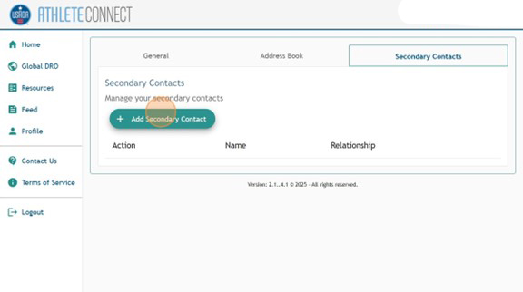 Athlete Connect profile section with a highlight over the "Add Secondary Contact" green button.
