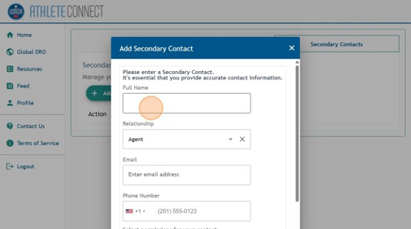 Athlete Connect "Add Secondary Contact" pop-up screen with highlight over the "Full Name" field.