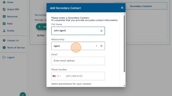 Athlete Connect "Add Secondary Contact" pop-up screen with highlight over the "Relationship" field.