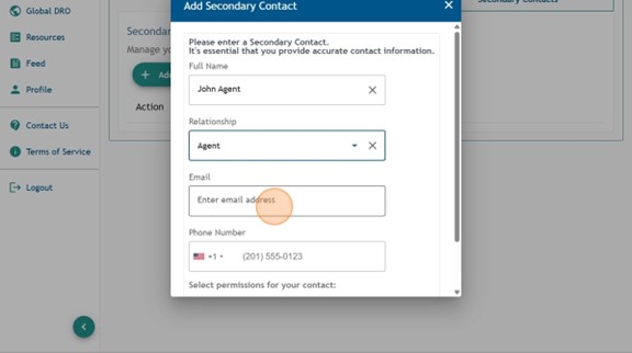 Athlete Connect "Add Secondary Contact" pop-up screen with highlight over the "Email" field.