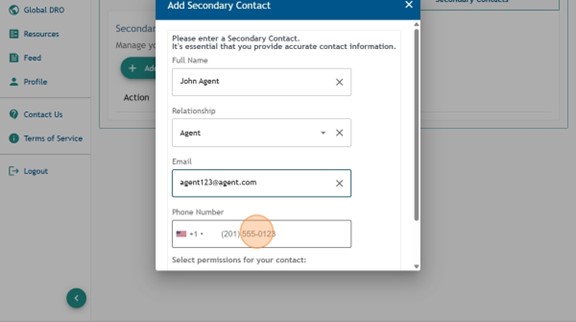 Athlete Connect "Add Secondary Contact" pop-up screen with highlight over the "Phone Number" field.