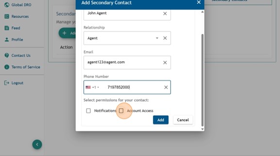 Athlete Connect "Add Secondary Contact" pop-up screen with highlight over the "Account Access" check box.