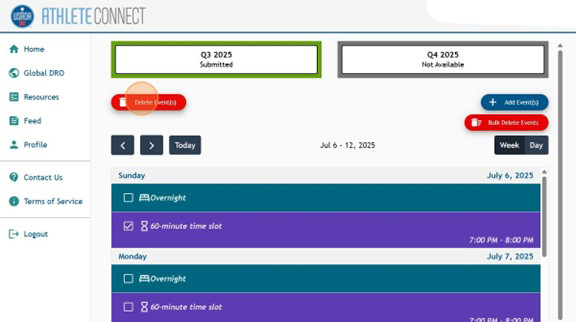 Athlete Connect home page with a highlight over the red "Delete Events" button.