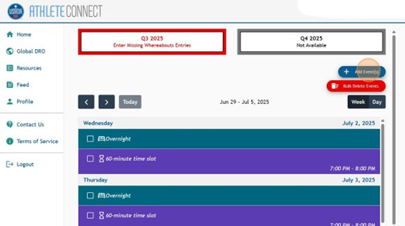 Athlete Connect home page with highlight over blue "Add Events" button.