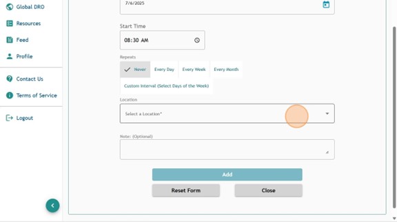 Athlete Connect 60-minute time slot entry with a highlight over the Location field.
