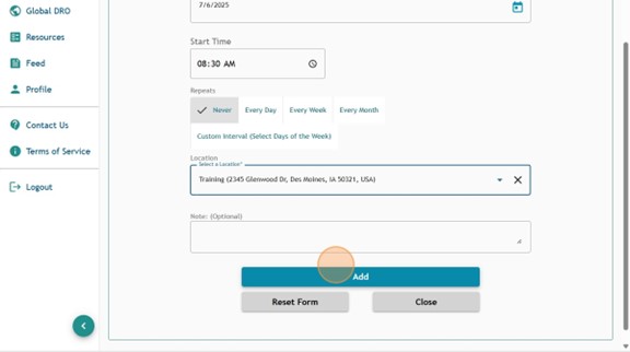 Athlete Connect 60-minute time slot entry with highlight over the bottom "Add" button.