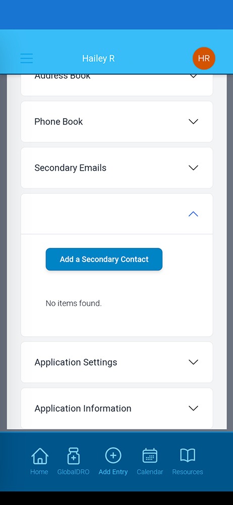 Screenshot of Athlete Connect of where to find the secondary contacts option.