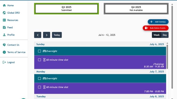 Athlete Connect home page with overnight and 60-minute time slots already entered.