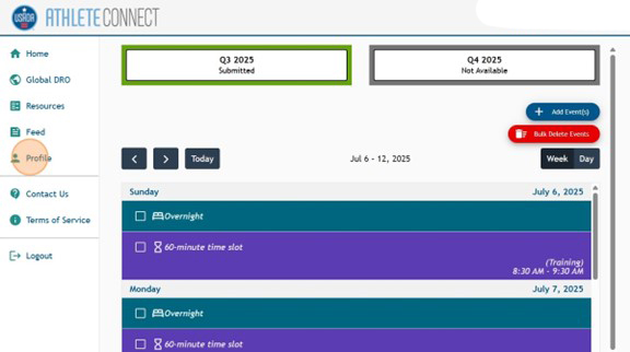 Athlete Connect home page with a highlight over the "Profile" link on the left.