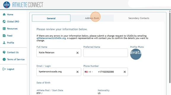 Athlete Connect Profile screen with a highlight over the "Address Book" tab.