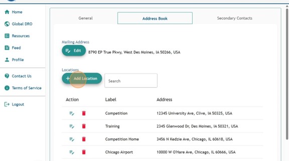 Athlete Connect Address Book tab of Profile section with a highlight over the "Add Location" button.