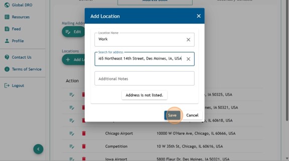 Athlete Connect Add Location pop-up screen with a highlight over the "Save" button.
