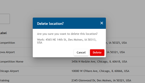 Athlete Connect "Delete Location?" pop-up screen.